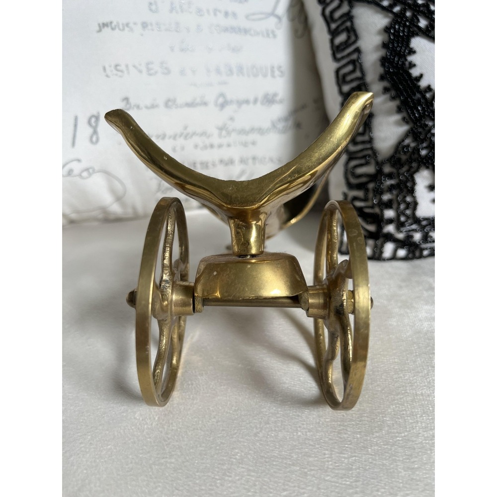 Vintage Brass Wheeled Wine Bottle Holder Trivet Stand Rolling Decor Wheelbarrow - Picture 4 of 7